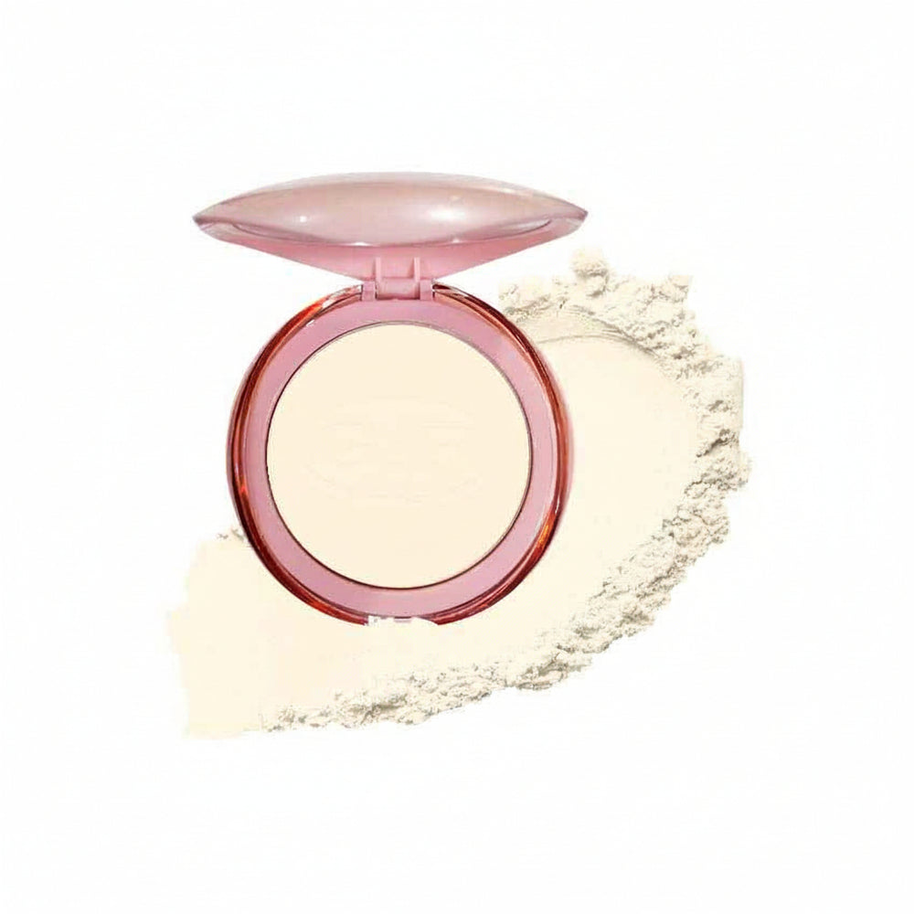 Pressed face powder compact with light beige powder pan and pink ring lid