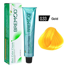 Hair color cream tube and carton in 0.33 Gold shade, Bremod