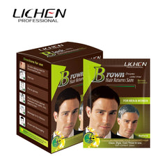 Brown hair shampoo sachet with Lichen Professional packaging, front and side views