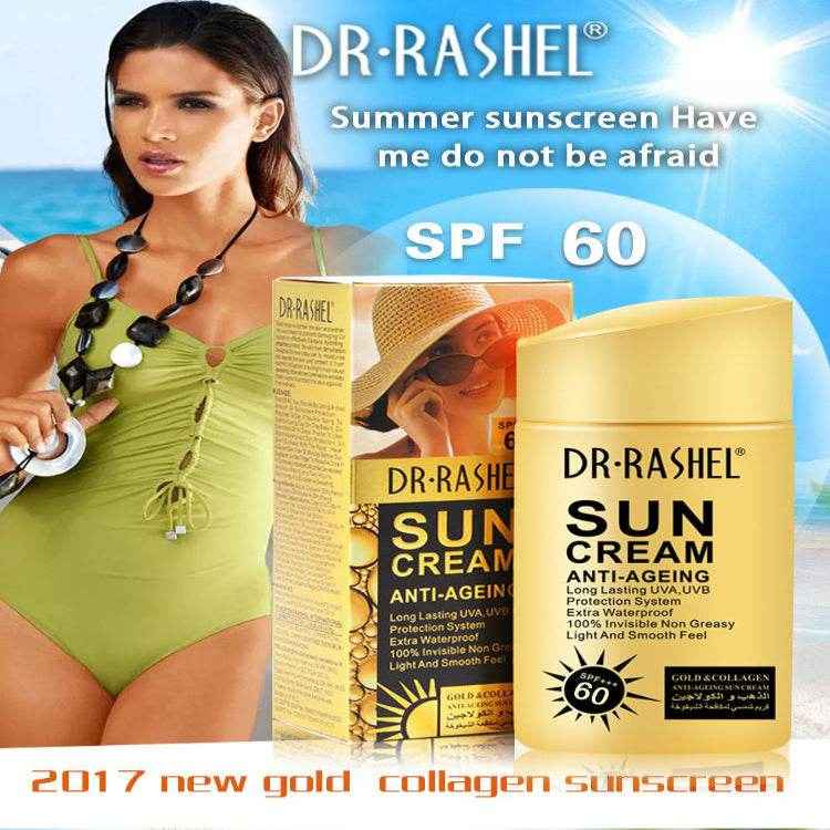 Dr Rashel Sun Cream anti-ageing SPF 60 jar and box with gold cream