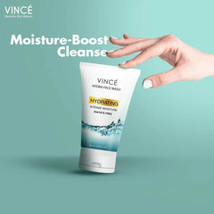 Vince Hydra face wash tube held by hand, white and blue design, 120 ml.