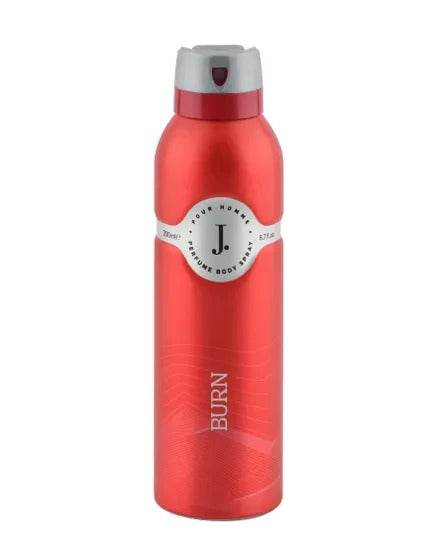 J. Burn body spray, red bottle with white label and gray cap, 200 ml