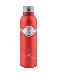 J. Burn body spray, red bottle with white label and gray cap, 200 ml