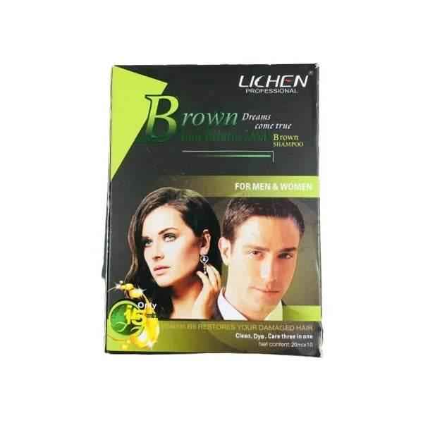 Brown shampoo box by Lichen Professional, green and black packaging, 200 ml