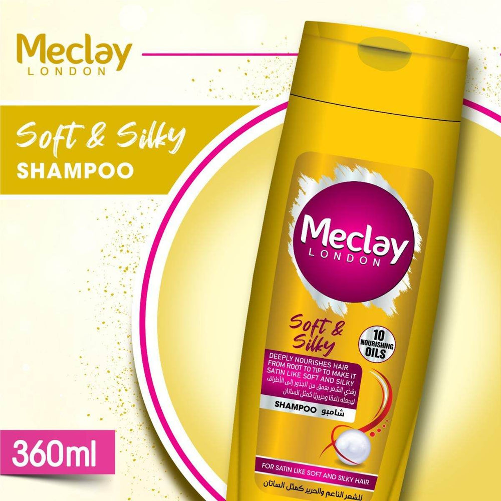 Meclay London soft & silky shampoo bottle, yellow with purple logo and 10 oils badge