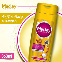 Meclay London soft & silky shampoo bottle, yellow with purple logo and 10 oils badge