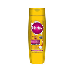 Meclay London soft & silky shampoo, tall yellow bottle with purple round logo