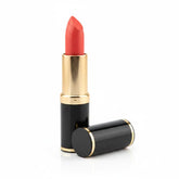 Lipstick in gold case with coral pink bullet, black cap