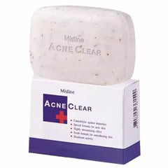 Mistine Acne Clear soap bar resting on box with Acne Clear label