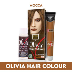 Hair colour kit with Mocca 07 box, cream developer bottle, and color tube.