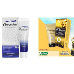 Dr Romia Oxygenizer whitening cream tube and box, plus Tri-Melas cream packaging