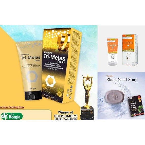 Skincare set with Tri-Melas cream tube, Tri-Melas box, sunblock, and black seed soap