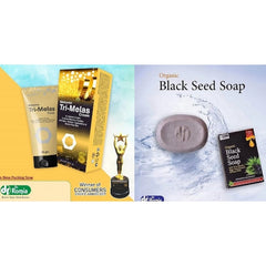 Tri-Melas melasma cream and black seed soap set with tubes, bar, and boxes