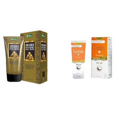 Skincare set: 24K Gold face wash tube and Sunsafe SPF 60 sun block cream box/tube
