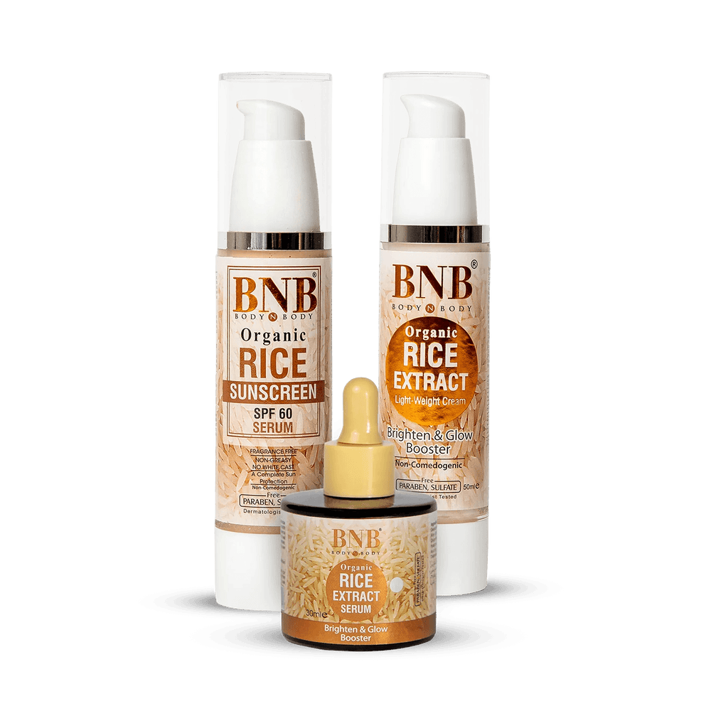 BNB radiant rice skincare trio with sunscreen, serum, and cream in three bottles and jar