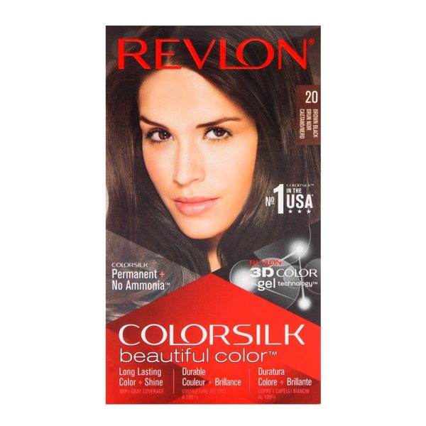 Revlon Colorsilk hair color box, shade 20, front panel with model and product text