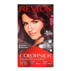 Revlon Colorsilk hair color box, shade 34, with woman and purple-burgundy hair