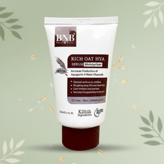 BNB Rich Oat Hya Serum Moisturizer tube, front label with nozzle end
