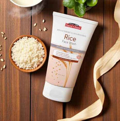 Saeed Ghani rice face wash tube with beige label and rice-grain graphics