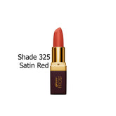Red satin lipstick with gold cap and dark maroon label base, shade 325