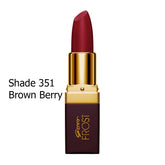 Genny Frost lipstick in Brown Berry shade, gold cap and maroon tube
