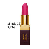 Fuchsia lipstick with gold case, bullet tip showing, 'FROST' label on base