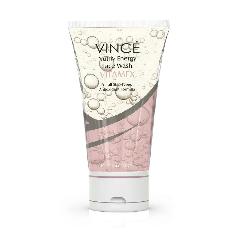 Vince Nutri Energy face wash tube in pale pink and white, flip-top cap