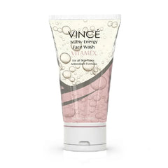 Vince Nutri Energy face wash tube in pale pink and white, flip-top cap
