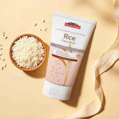 Saeed Ghani rice face wash tube with beige rice-drip graphic on label