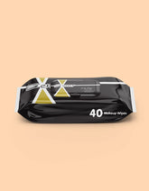 Makeup remover wipes pack, black with gold logo and "40" marking