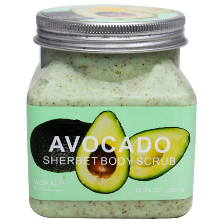 Avocado sherbet body scrub jar, pale green scrub with avocado label graphics