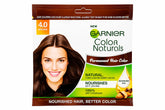 Front view of Brown 4.0 permanent hair color box, Garnier Color Naturals, Nourishes