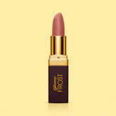 Close-up of mauve-rose lipstick with gold cap and dark square tube