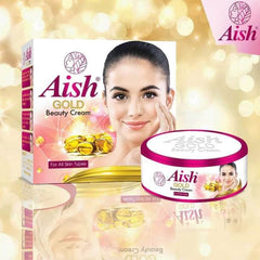 Gold beauty cream box and cream jar with pink lid, for all skin types.