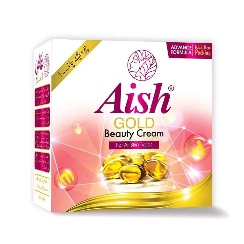 Beauty cream box with gold-themed design, for all skin types.