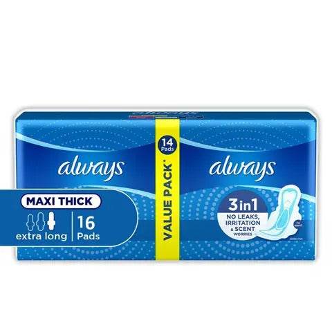 Always maxi thick extra long sanitary pads, 16 pads in a blue pack, 3-in-1