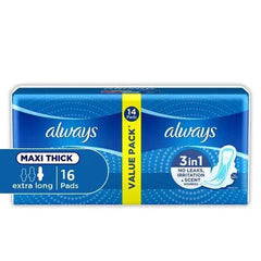 Always maxi thick extra long sanitary pads, 16 pads in a blue pack, 3-in-1