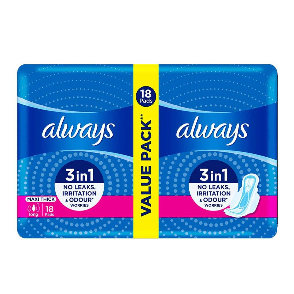 Menstrual pad pack with 18 long maxi thick pads, 3-in-1, no leaks, odor control