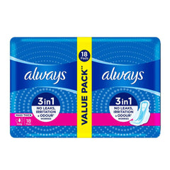Menstrual pad pack with 18 long maxi thick pads, 3-in-1, no leaks, odor control