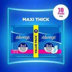 Menstrual pad pack with 18 long maxi thick pads, blue wrap, value pack, 3-in-1