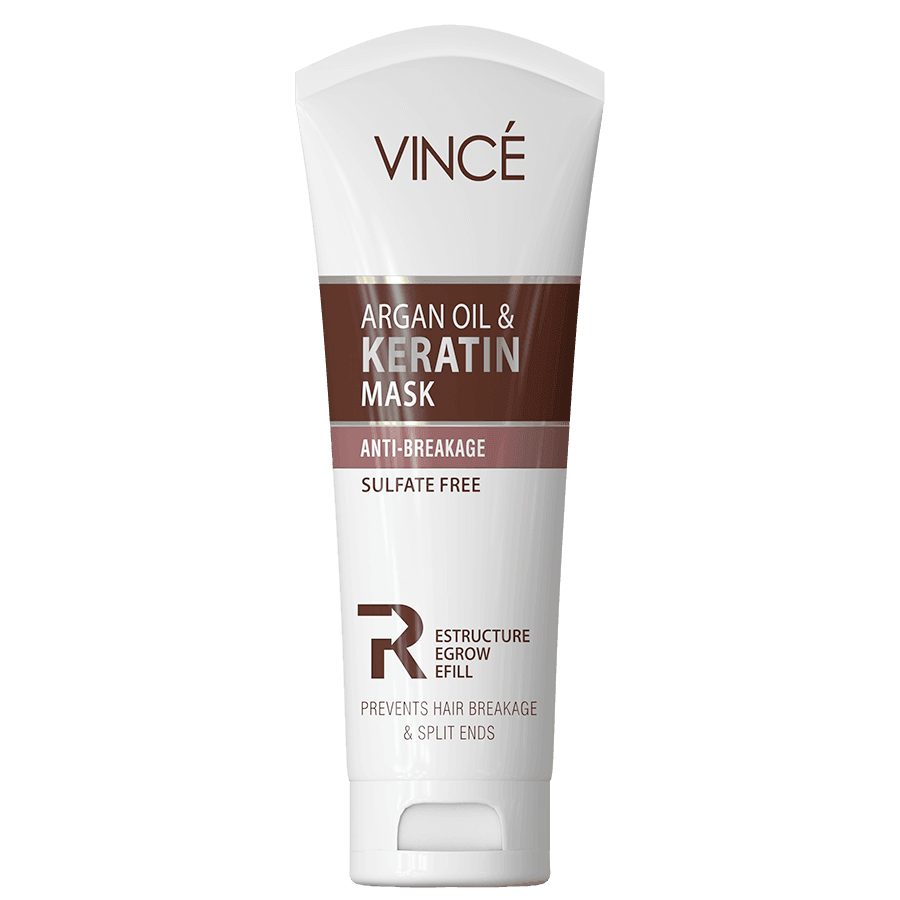 Argan oil and keratin hair mask tube, white bottle with brown label and cap.