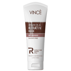 Argan oil and keratin hair mask tube, front view white bottle with brown stripe.