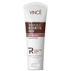 Argan oil and keratin hair mask tube, white bottle with brown label and cap.