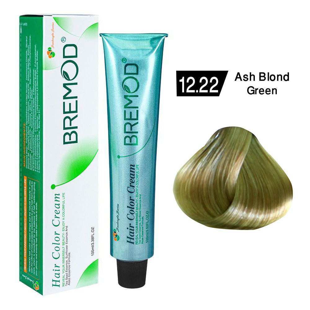 Bremod Hair Color Cream tube and box, ash blond green shade, 100ml