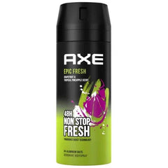 AXE body spray bottle with black cap, green cylinder, and purple fruit splash graphic.