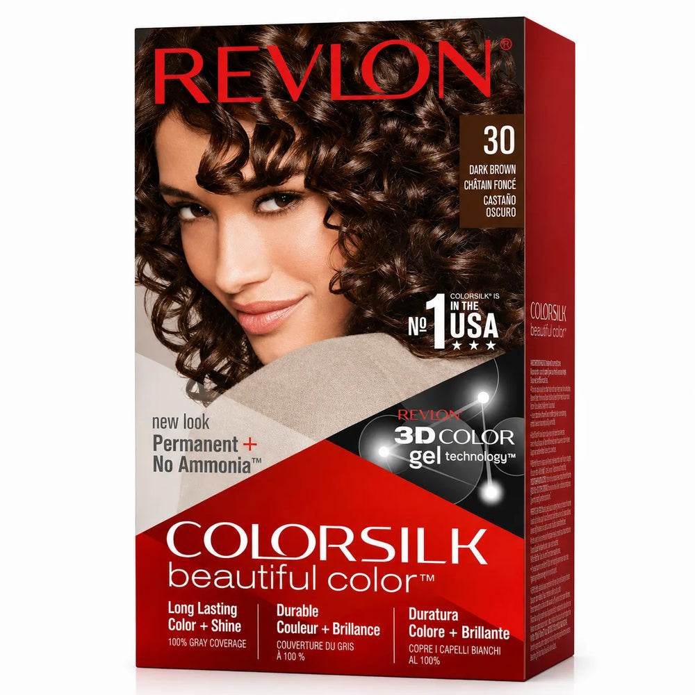 Revlon ColorSilk 30 Dark Brown permanent hair color box with 3D Color gel