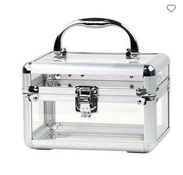 Transparent beauty case with metal handle and central latch, see-through body