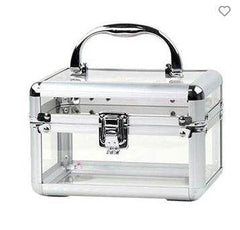 Transparent beauty case with metal handle and central latch, see-through body