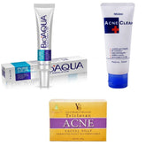Acne skincare set with Bioaqua tube, Mistine facial foam tube, and Triclosan soap