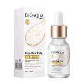 BIOAQUA rice pulp essence serum bottle with gold cap beside product box